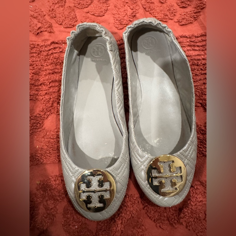Tory Burch Gray and Gold Quilted Minnie Flats